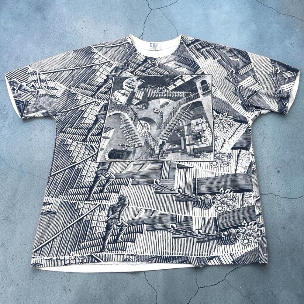 Vintage 80s MC Escher Stairs AOP Graphic Art Tee Single Stitch T-shirt Mens XL